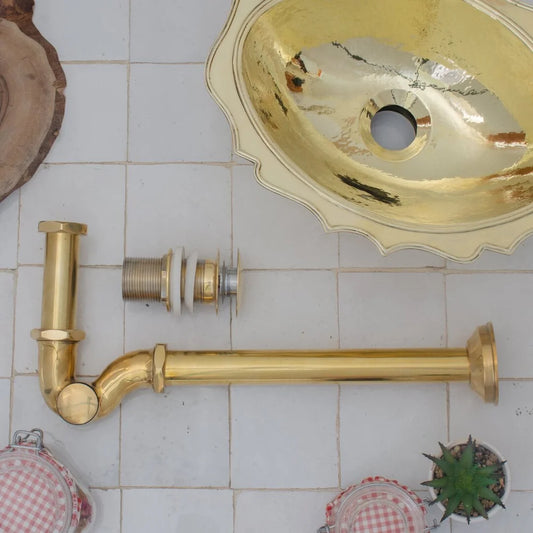 Solid Unlacquered Brass P-trap and Sink Stopper, Push Up Button, Pop Up Drain, Brass Water Trap - NORD BRASS