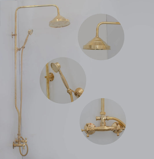 Unlacquered Brass Shower System - Exposed Pipe Rain Shower and Handheld - NORD BRASS