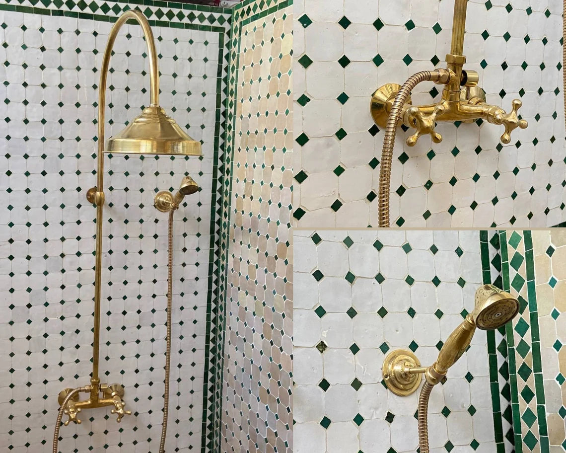 Unlacquered Brass Shower System with Handheld And Vintage Head Combo, Exposed Pipe - NORD BRASS