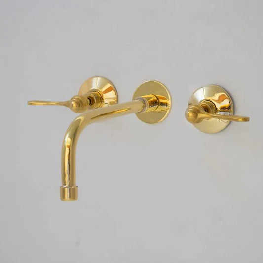 Unlacquered Brass Wall Mount Built In Bathroom Vanity Sink Faucet With lever Handles - NORD BRASS