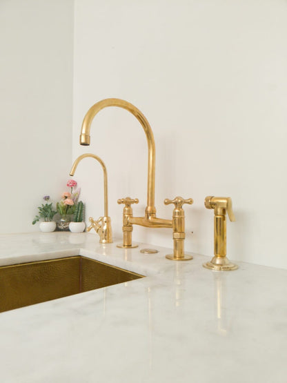 Unlacquered Solid Brass Bridge Faucet, Vintage Kitchen Sink Faucet - NORD BRASS