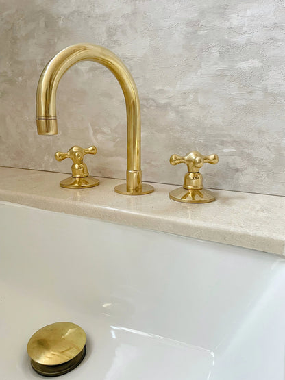 Widespread 3 Holes Solid Unlacquered Brass Faucet, Antique Brass Bathroom Faucet