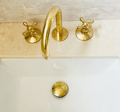 Widespread 3 Holes Solid Unlacquered Brass Faucet, Antique Brass Bathroom Faucet