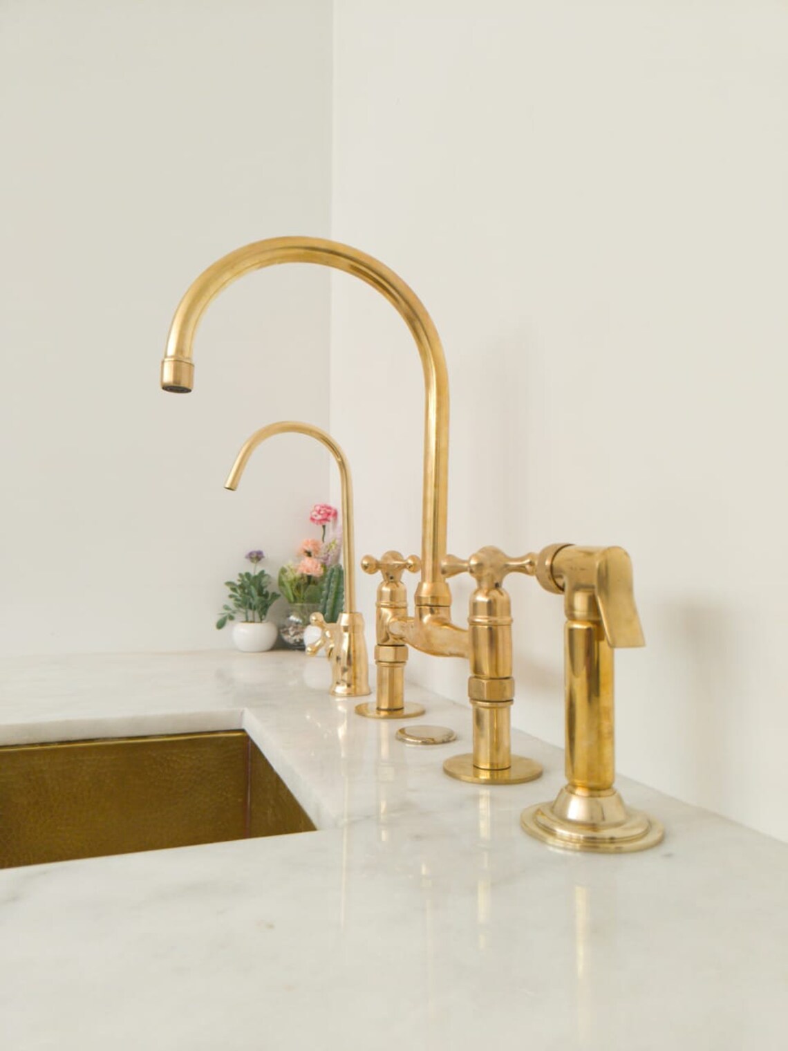 Unlacquered Solid Brass Bridge Faucet, Vintage Kitchen Sink Faucet - NORD BRASS