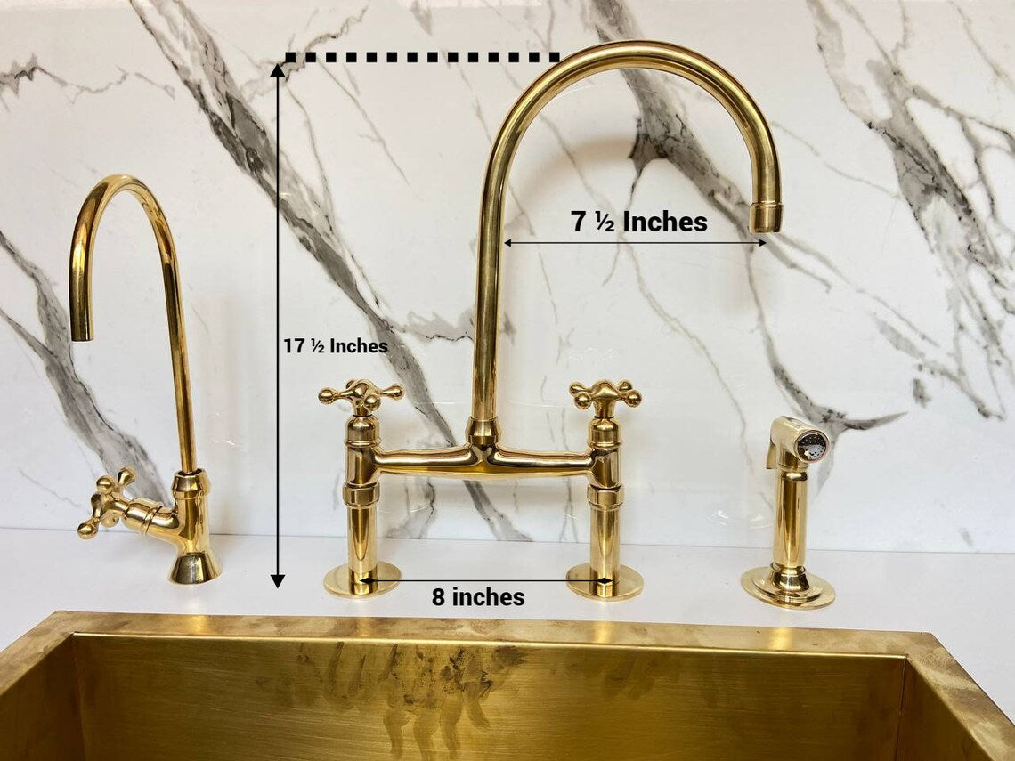 Unlacquered Solid Brass Bridge Faucet, Vintage Kitchen Sink Faucet - NORD BRASS