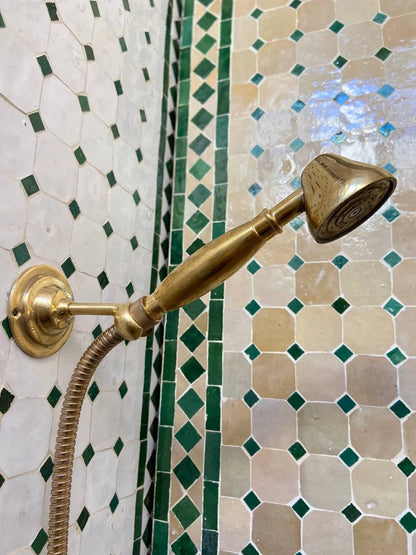 Unlacquered Brass Shower System with Handheld And Vintage Head Combo, Exposed Pipe - NORD BRASS