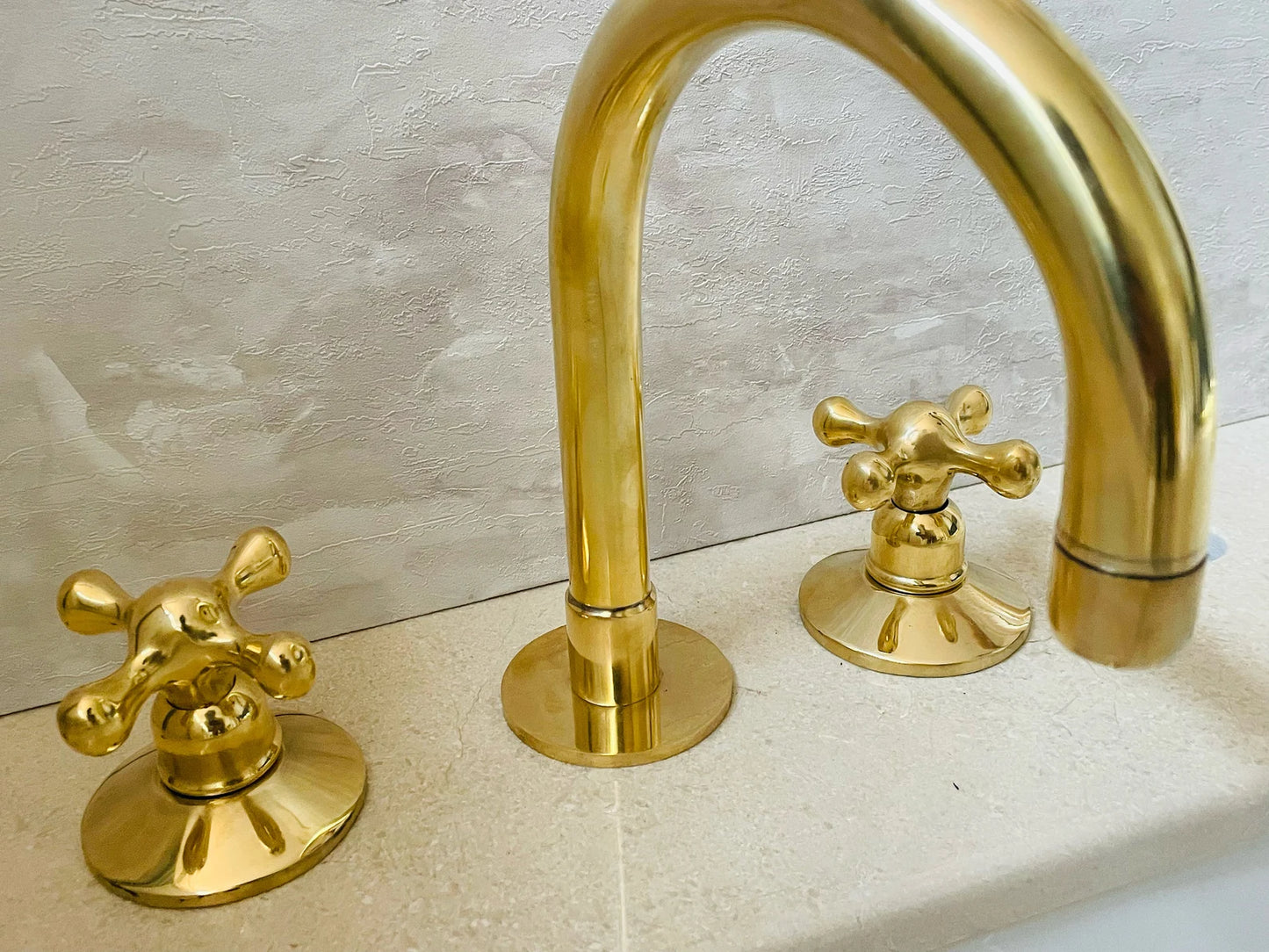 Widespread 3 Holes Solid Unlacquered Brass Faucet, Antique Brass Bathroom Faucet