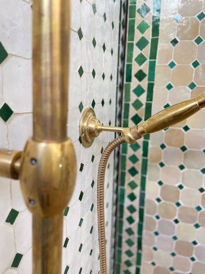 Unlacquered Brass Shower System with Handheld And Vintage Head Combo, Exposed Pipe - NORD BRASS