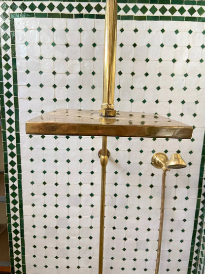 Unlacquered Brass Shower System with Handheld And Vintage Head Combo, Exposed Pipe - NORD BRASS