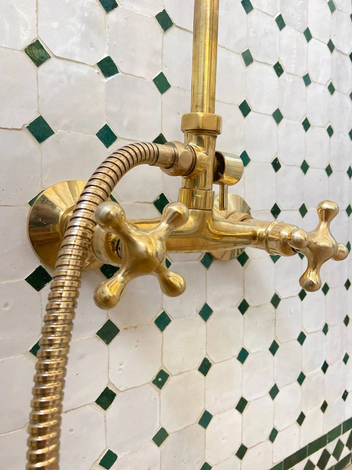 Unlacquered Brass Shower System with Handheld And Vintage Head Combo, Exposed Pipe - NORD BRASS