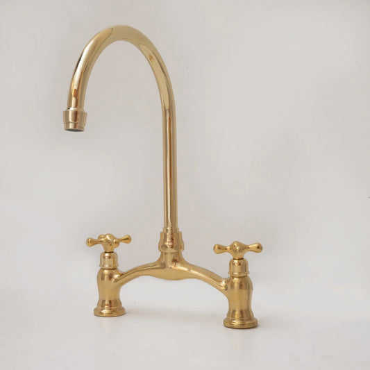 Brass Bridge Kitchen Faucet - V Shaped Unlacquered Brass Faucet - NORD BRASS