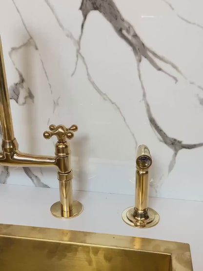 Unlacquered Solid Brass Bridge Faucet, Vintage Kitchen Sink Faucet